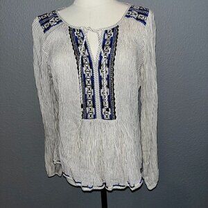 GRAIN DE MALICE Embroidered Peasant Blouse - Cream Blue  Black - EUC -EU Size 38